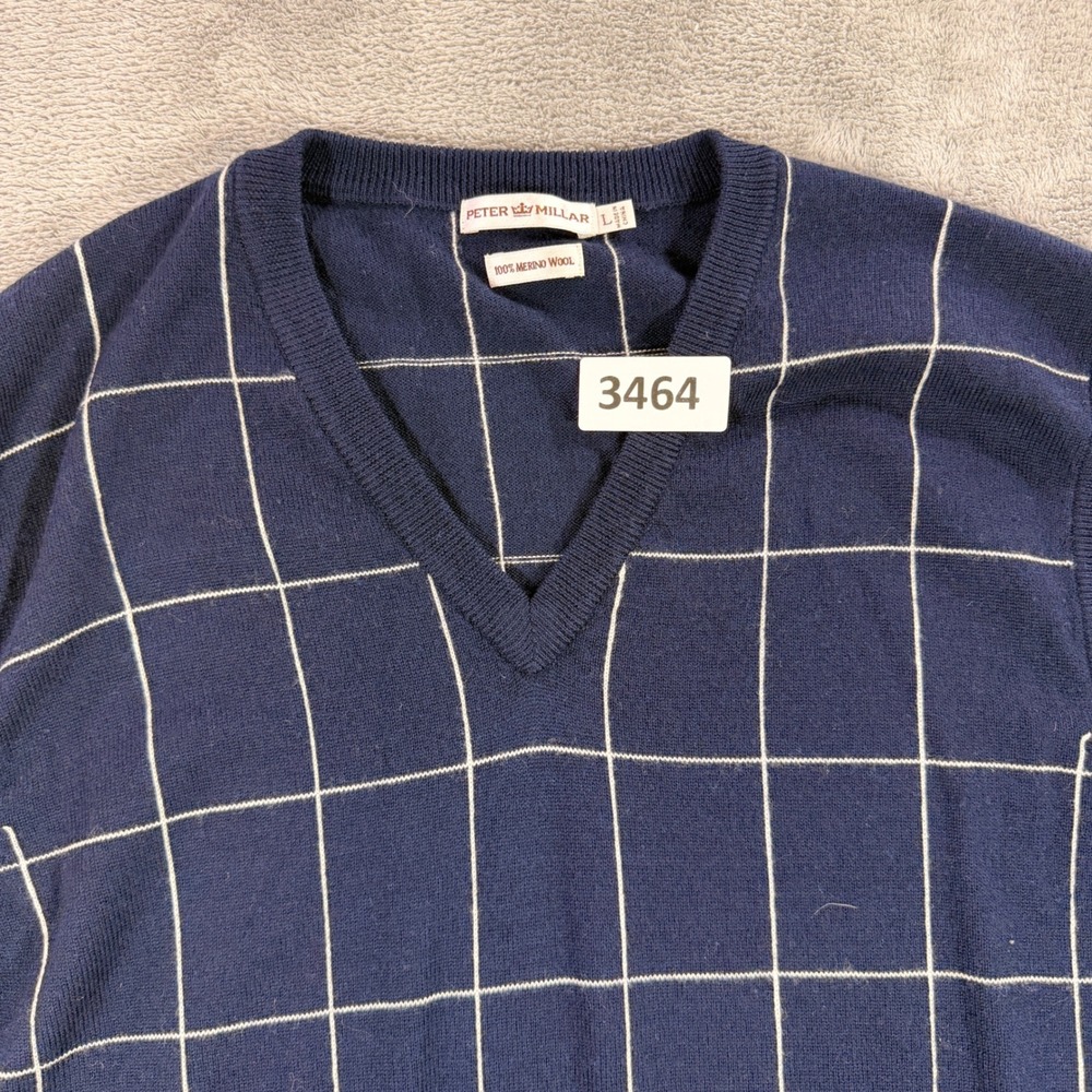Peter Millar Sweater Vest Mens L Navy Blue Extrafine Merino Wool Windowpane